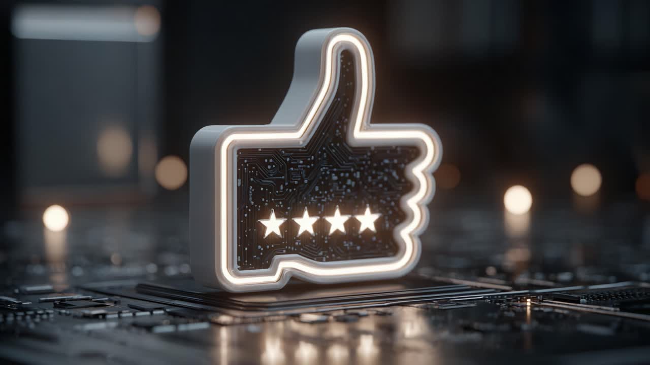Illuminated Thumbs Up Gesture Displaying Rating Stars on a Circuit Board Background, Symbolizing Approval and Positive Feedback in a Digital Context