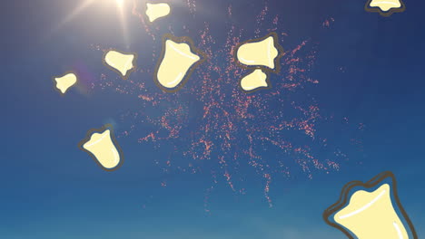 animation of falling bells over fireworks on blue background