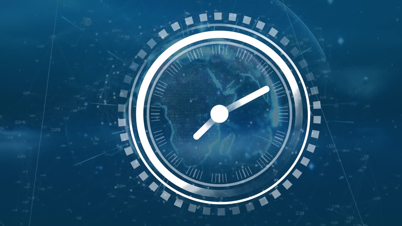 Animation of clock and network of connections over blue background