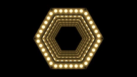 cuadro de caja de bombilla incandescente de túnel forma hexagonal patrón móvil, retro 3d estilo virtual ilustración brillo en fondo oscuro animación de bucle sin costuras 4k, con espacio de copia