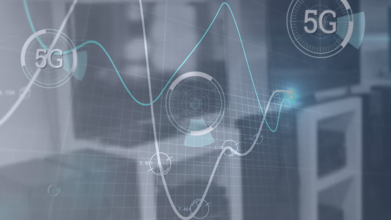 로딩 서클에서 5g 텍스트의 애니메이션, 비어있는 의자 위의 그래프