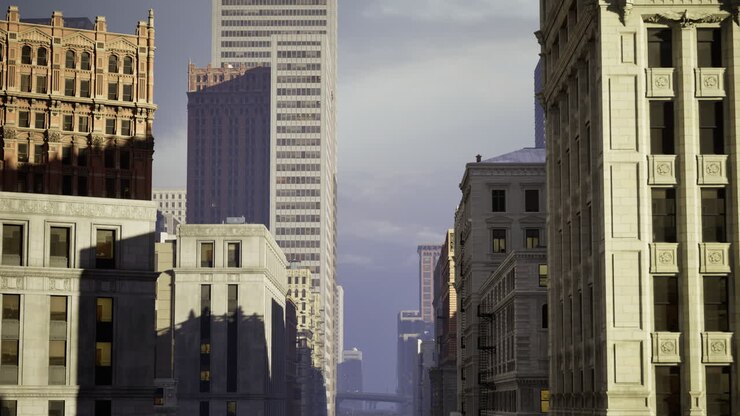 Skyline urbana con architettura storica e moderna al crepuscolo