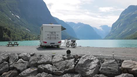 family vacation travel rv, holiday trip in motorhome. beautiful nature norway natural landscape.