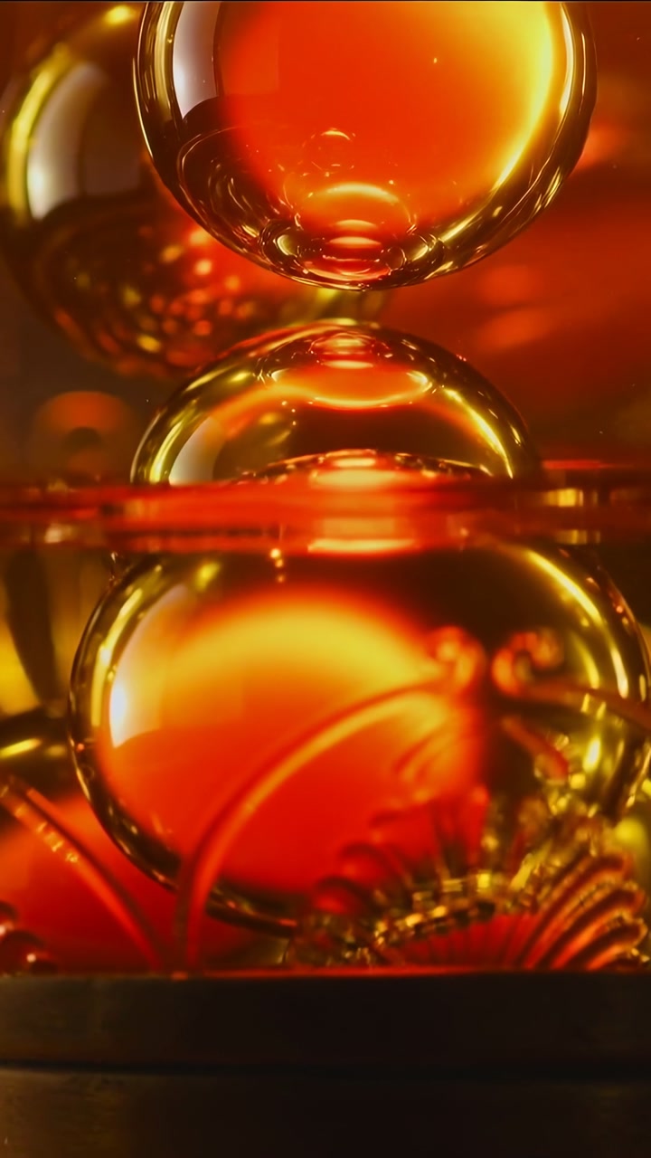 Vertical video: Sinking top amber bubble by gravity to middle bubble on base forming rim in studio