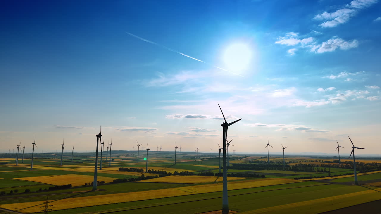 Wind turbines create clean energy. Wind turbines stand tall in a vast countryside under a bright blue sky, contributing to renewable energy solutions