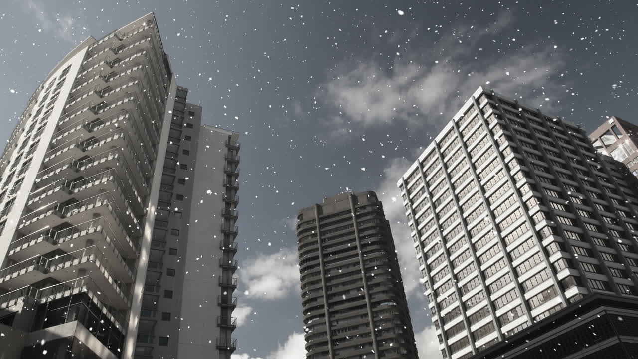 composición digital de la nieve que cae contra los edificios altos