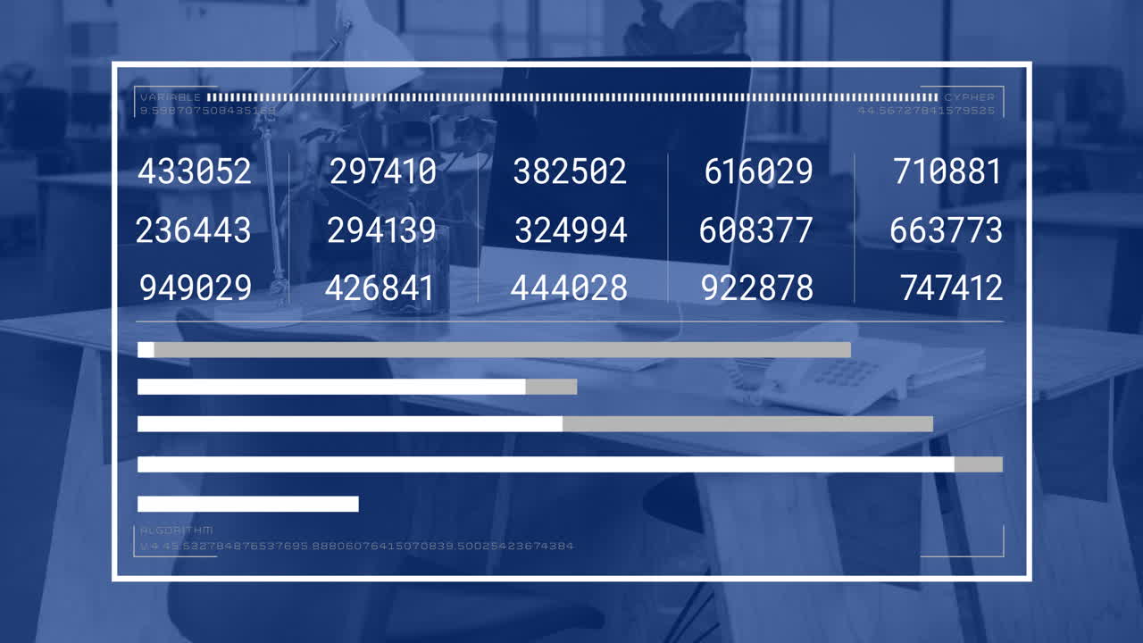 Animation of financial data processing over computers on desks in office and blue background