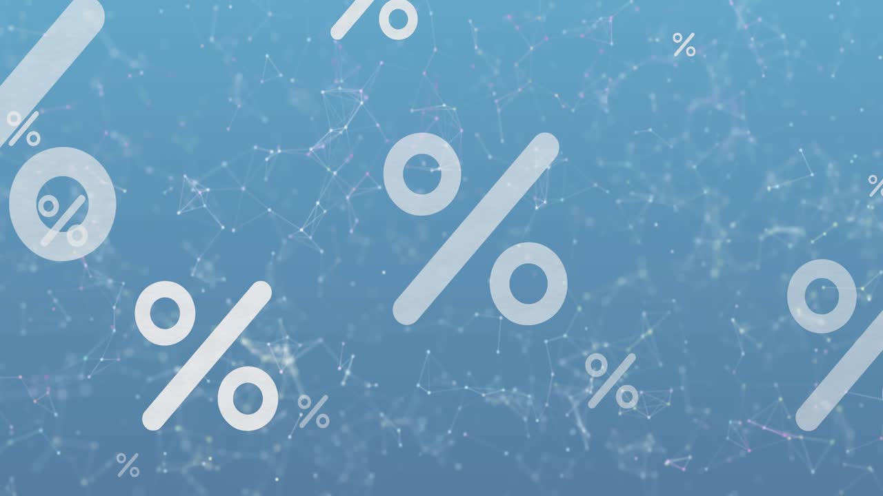 Animazione del simbolo di percentuale su una rete di connessioni su sfondo blu.