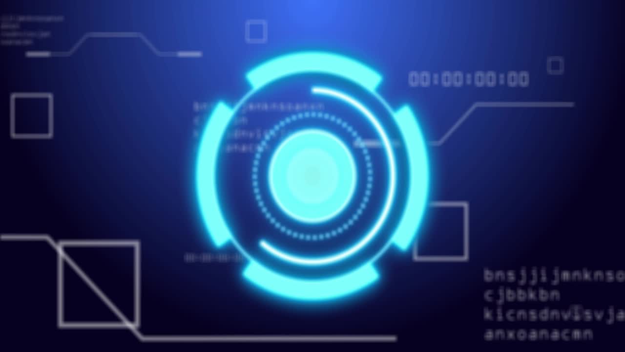 Timestamp starting cyan HUD spinning, revealing rings, cascading hex digits, completing scan