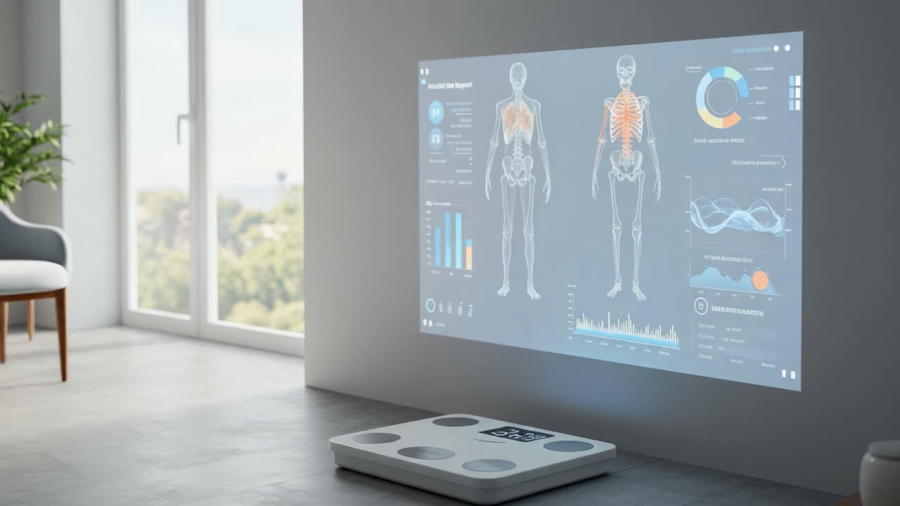 Innovative Health Monitoring Device Projects Vital Biological Data and Analytics on Wall, Showcasing Body Insights and Fitness Levels in a Modern Living Space