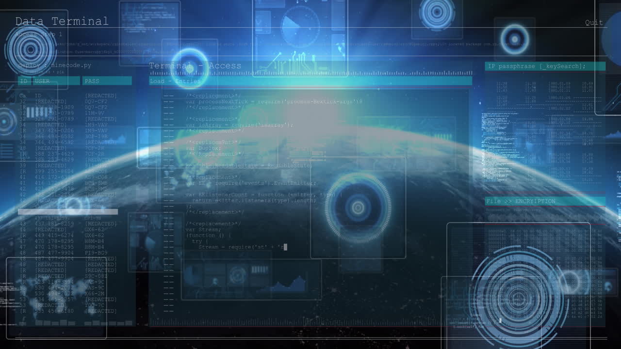 파란색 배경의 지구에 대한 데이터 처리와 디지털 인터페이스