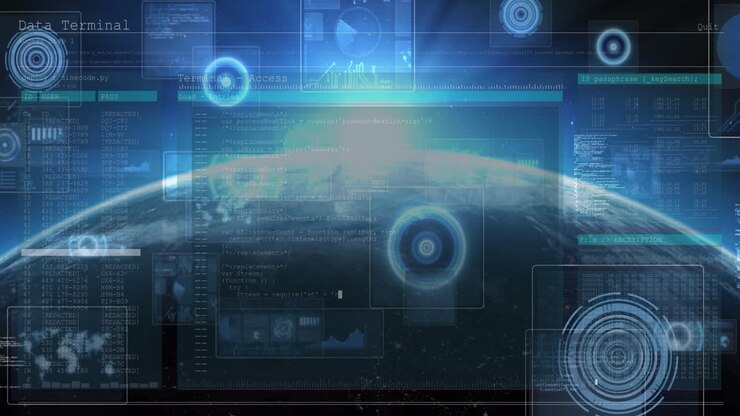 Digital brugerflade med databehandling mod globus på blå baggrund.