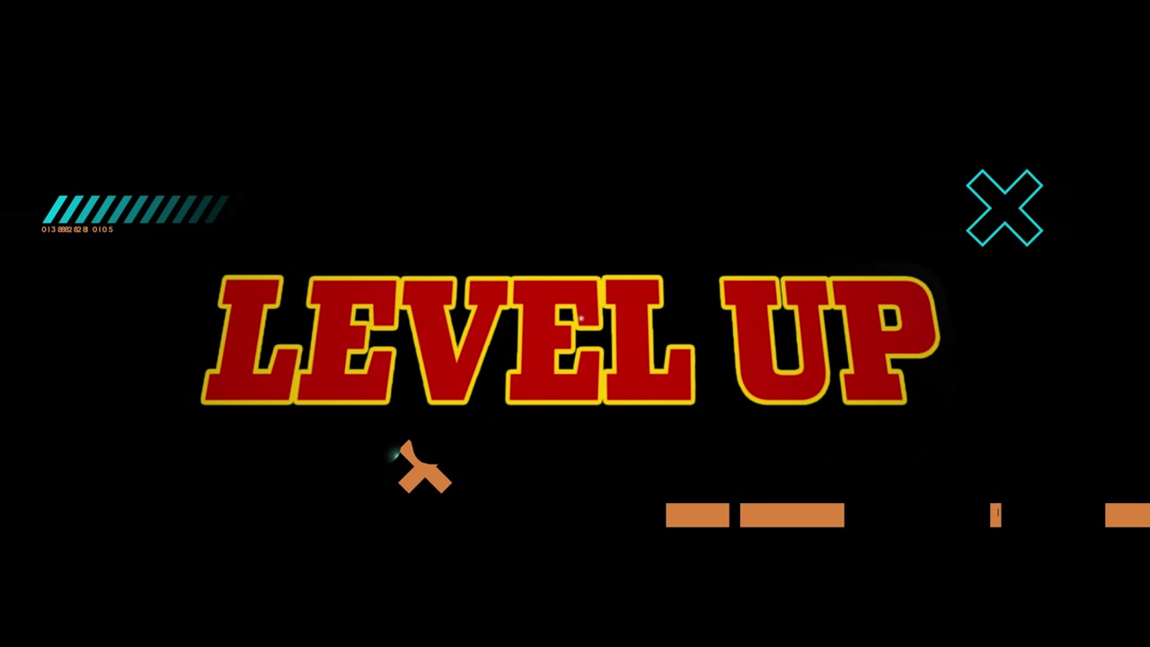 Animation of level up text and shapes on black background