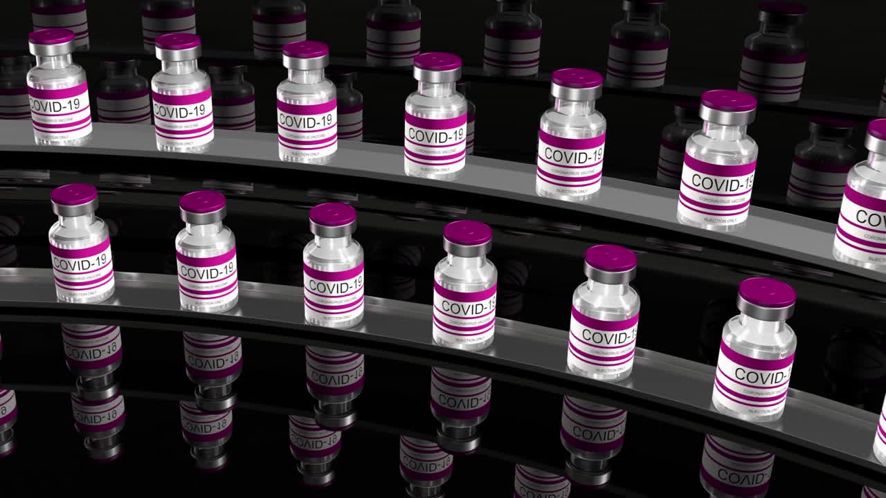 코로나19 백신의 빨간 병, sars-cov-2 백신을 담은 유리 병, 비디오 편집을 위한 3d 렌더링,