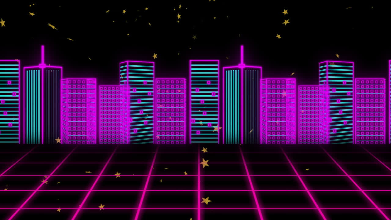 Retro skyline glowing over neon grid floor, featuring neon?outlined skyscrapers and floating stars