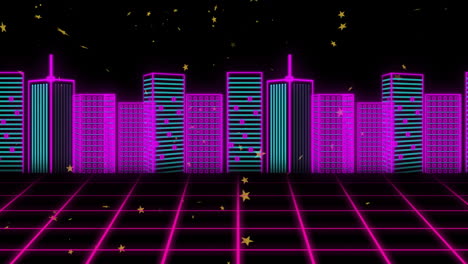 retro skyline glowing over neon grid floor, featuring neon?outlined skyscrapers and floating stars