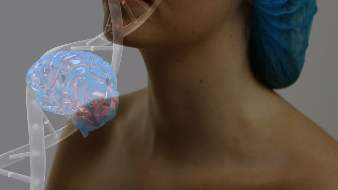 Animação de DNA girando sobre as mãos de um médico preparando uma mulher caucasiana para uma cirurgia plástica