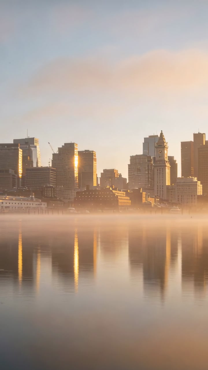 Vertical video: Sunrise lifting mist, skyline revealing sharper reflection over pier, clock tower