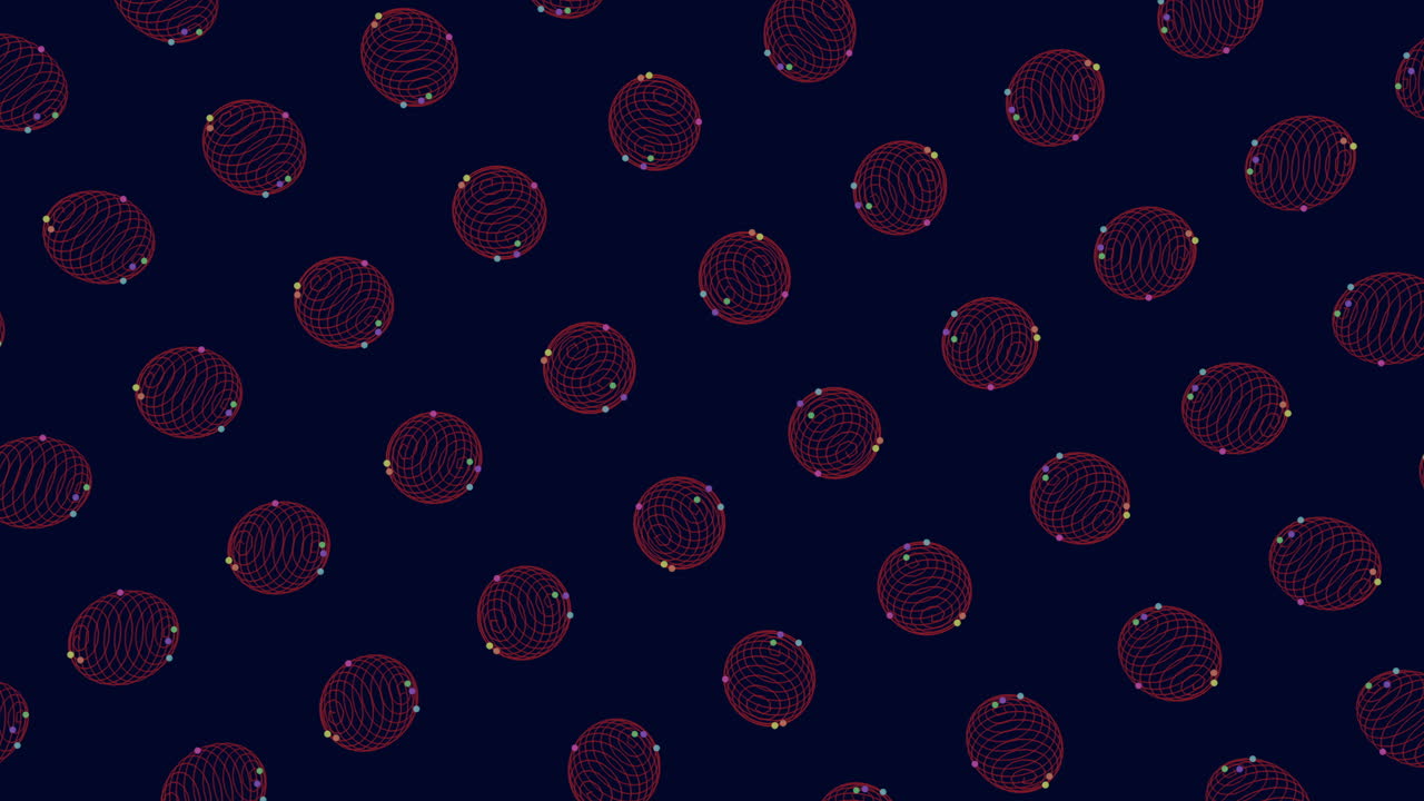 Repeat futuristic spheres pattern in rows with neon motion dots on black gradient
