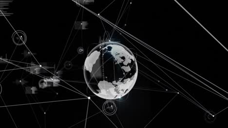 Animation-of-connected-dots-and-graph-icons-with-rotating-globe-over-black-background