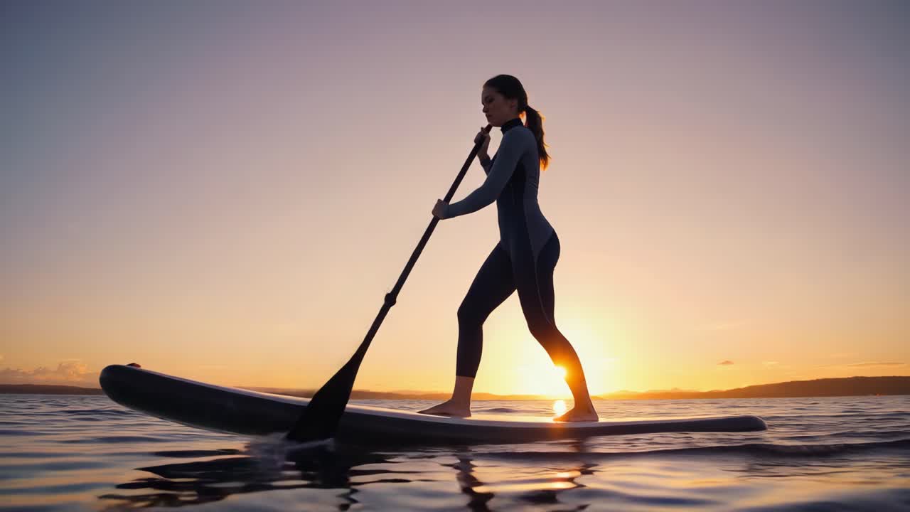 una mujer haciendo paddleboard al atardecer.