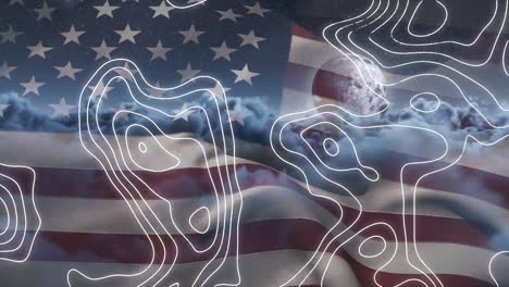 Animation of network of connection and icons over usa flag and cloudy sky