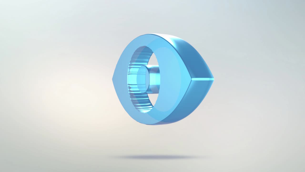 el icono del ojo está hecho de vidrio. icono de ojo giratorio translúcido con color verde azul del canal alfa. símbolo de bucle sin costuras figura 3d