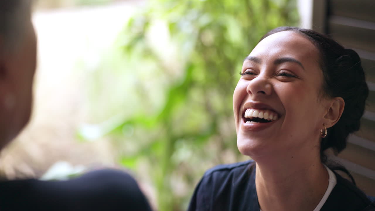Happy, talking and caregiver with a woman