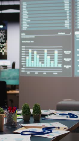 vertical video professional workspace in a multinational enterprise shows an empty dark office