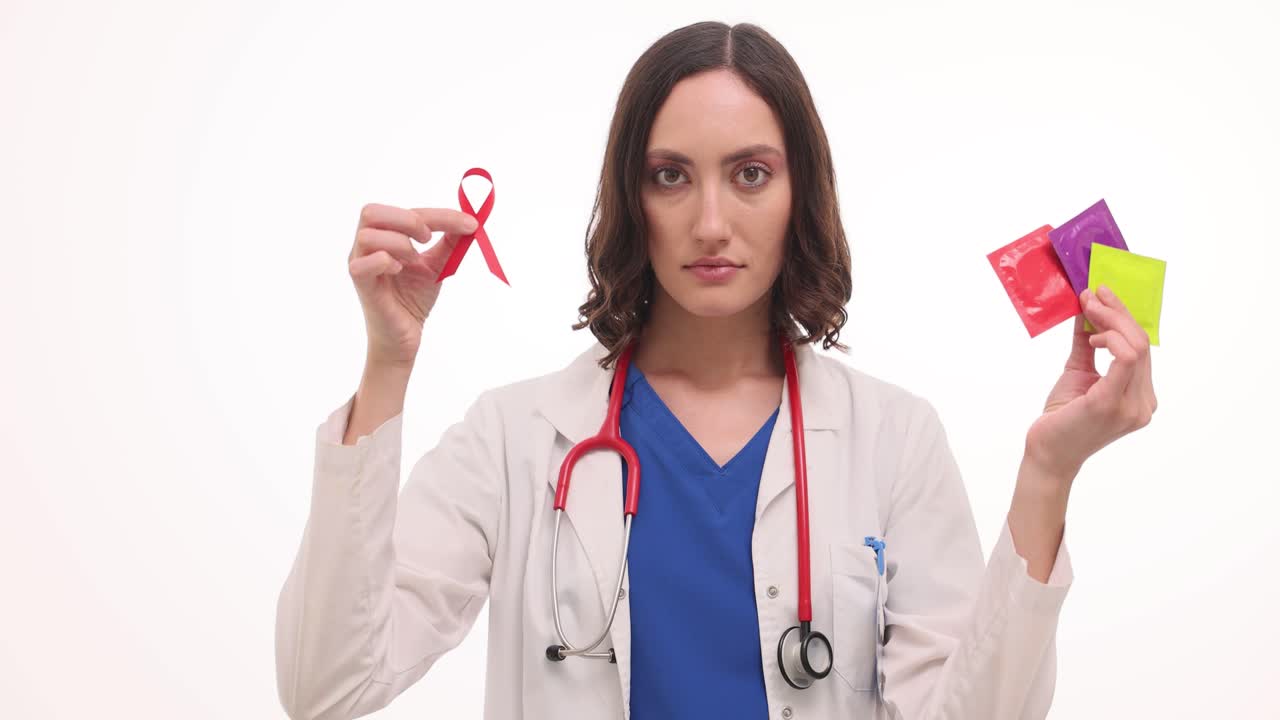 Female doctor holding a red awareness ribbon and colorful condoms