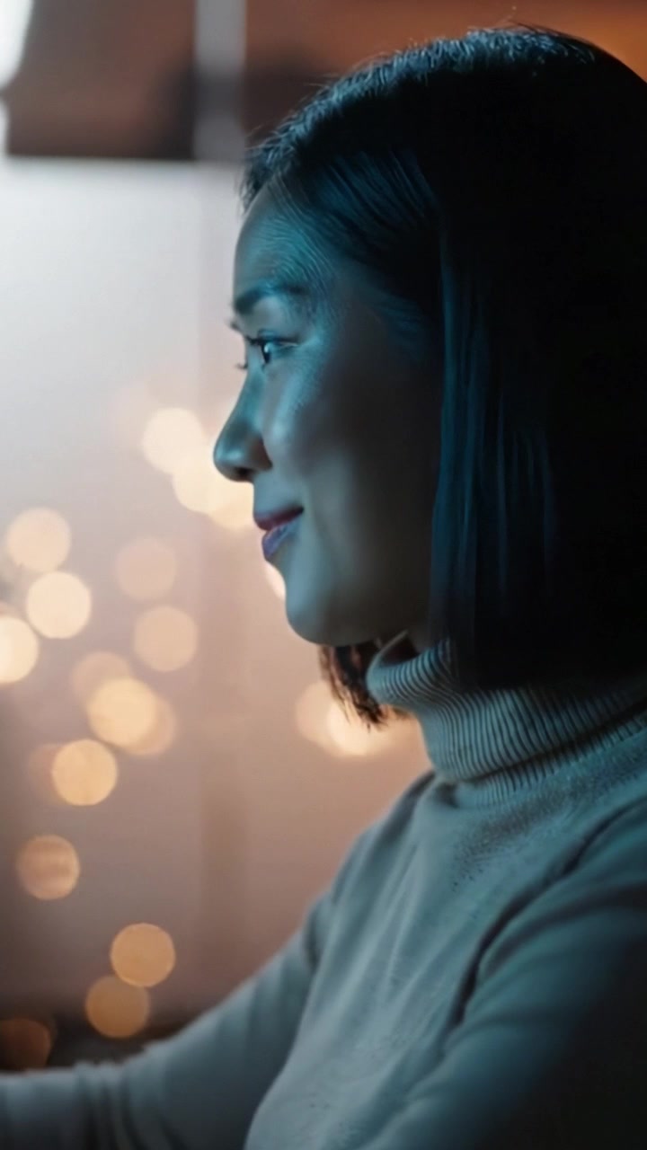 A focused woman sitting in a cozy, softly lit environment, immersed in her work, with warm bokeh lights creating a serene and inviting atmosphere around her.