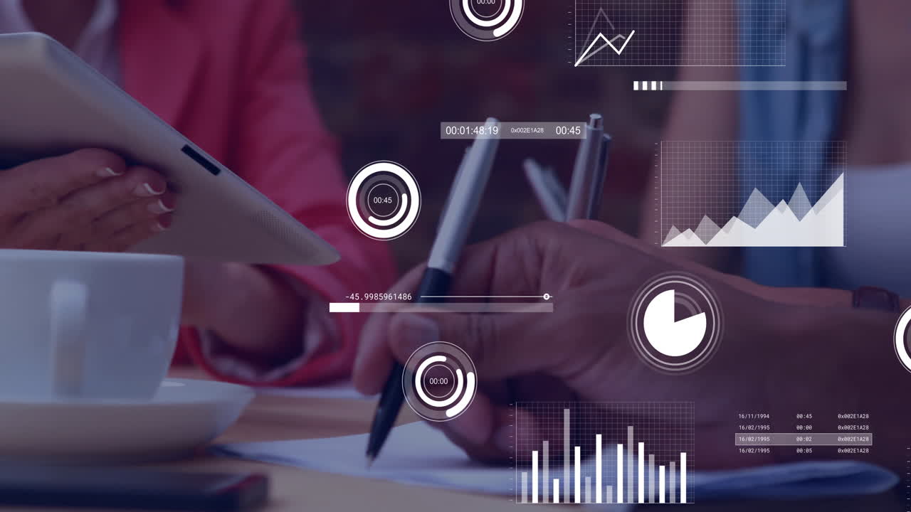Discussing data analytics, business professionals with digital graphs in office setting