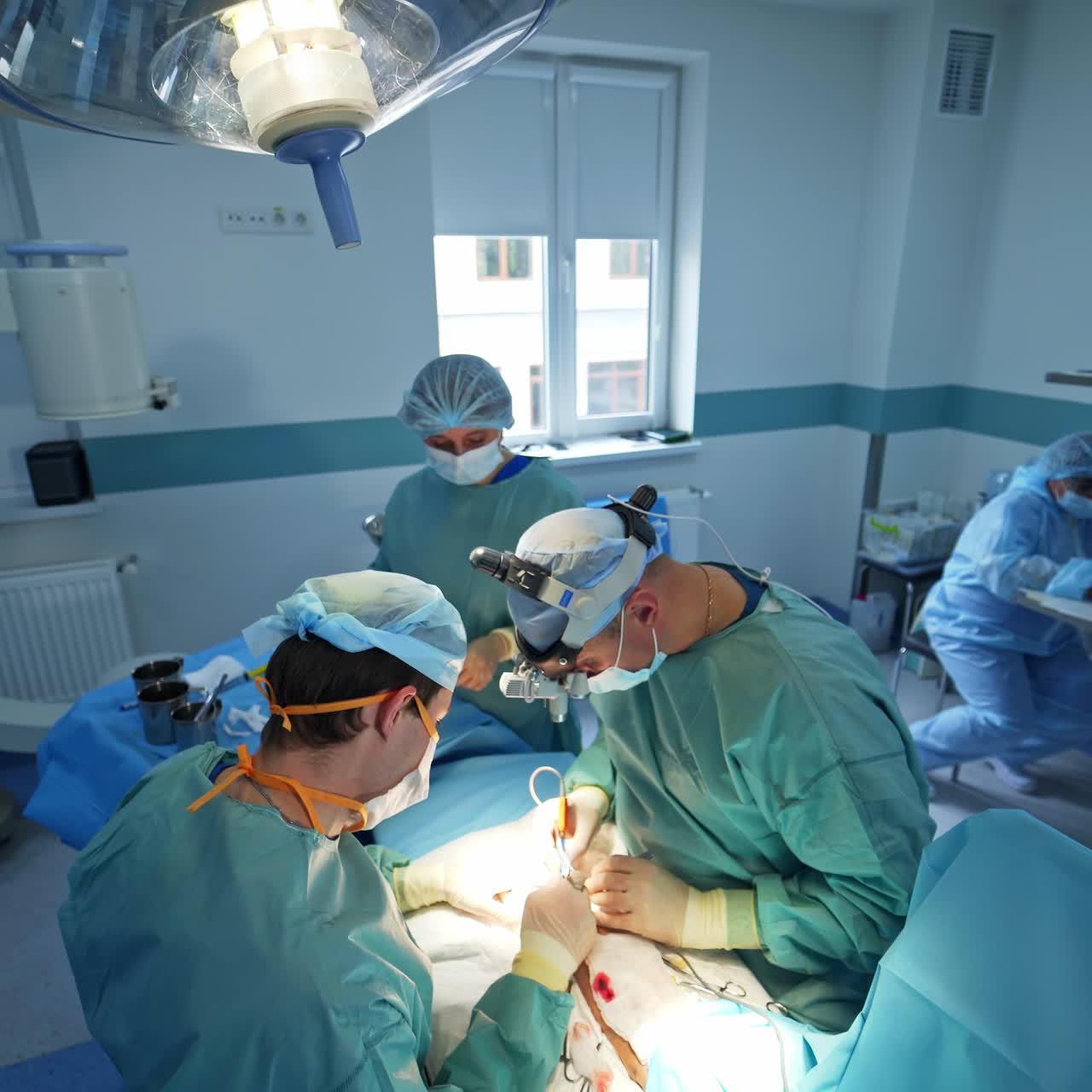 Gradual distancing from the place of surgery. High angle view on the modern surgery room with advanced equipment