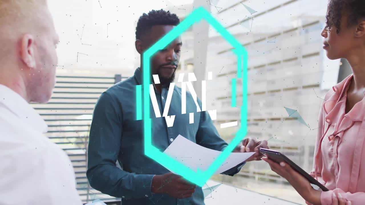 Animation of nft text over diverse business people talking