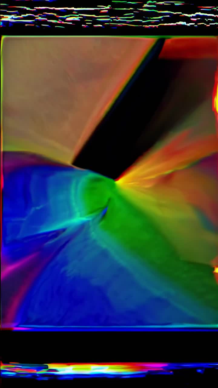 Abstract video still with a low-angle view of a vibrant, swirling rainbow vortex above a textured