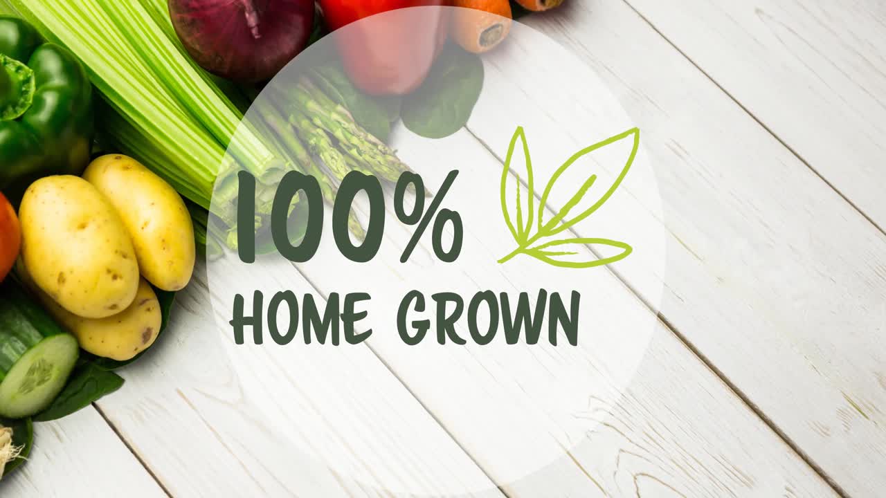 ⁇  나무 판에 신선한 채소 위에 녹색으로 집에서 재배 된 텍스트의 애니메이션