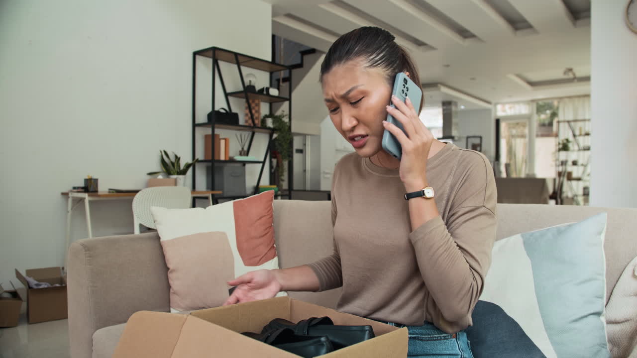 Female Client Asking Delivery Service about Wrong Shoes in Her Parcel