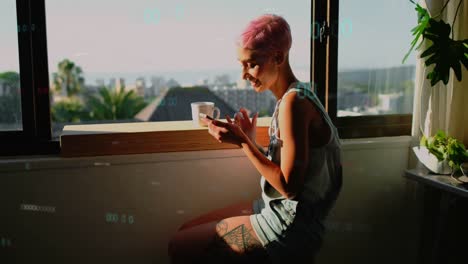 animation of data processing over biracial woman using smartphone