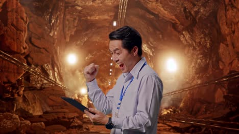 side view of an asian male professional worker standing with his tablet in underground mine tunnel, he raises his fist up with screaming goal after check on the tablet