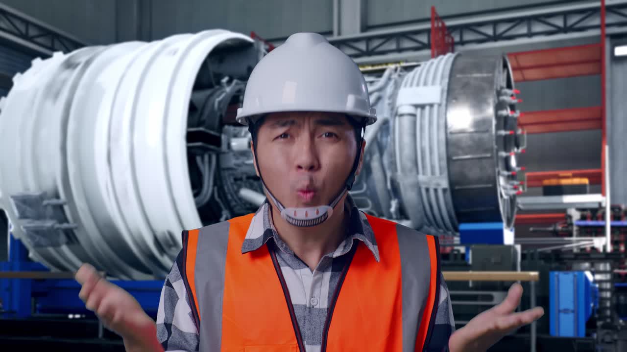 Close Up Of Wondering Asian Male Engineer With Safety Helmet Saying Why Working Doubtfully With Airplane Engine Maintenance Conducted, Analytics Checking the Turbine