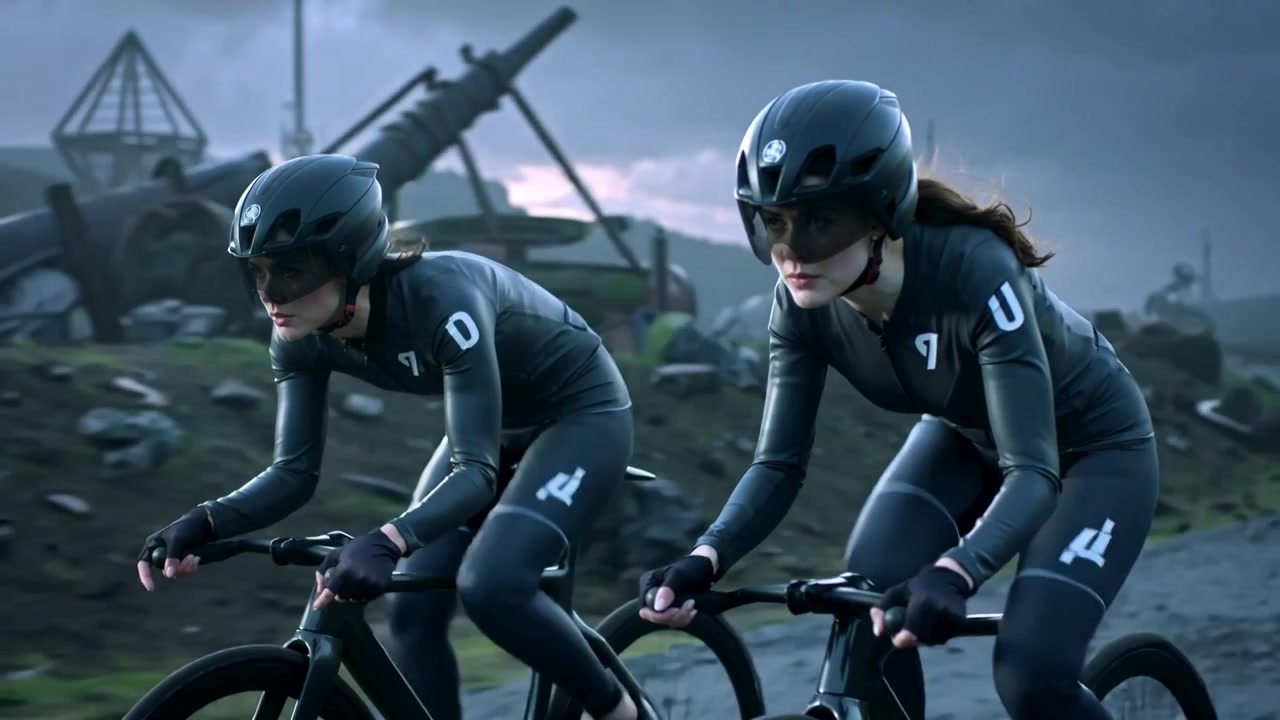 To kvinder cykler og træner på grus iført skinsuits og hjelme, passerer kraner