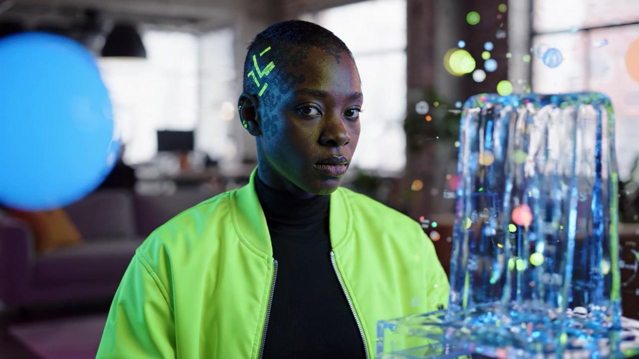 Eine fokussierte Person in leuchtender Neonkleidung betrachtet eine dynamische Glasskulptur mit fließendem Wasser und farbenfrohen Kugeln, die Kreativität und Innovation symbolisiert.