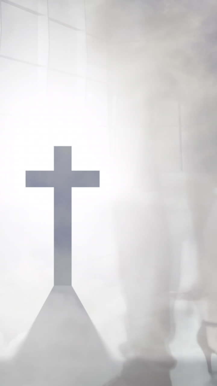 거리에서  ⁇ 는 사람들 위에 십자가와 빛의 애니메이션