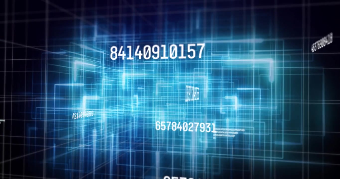 Animation of financial data processing over dark background