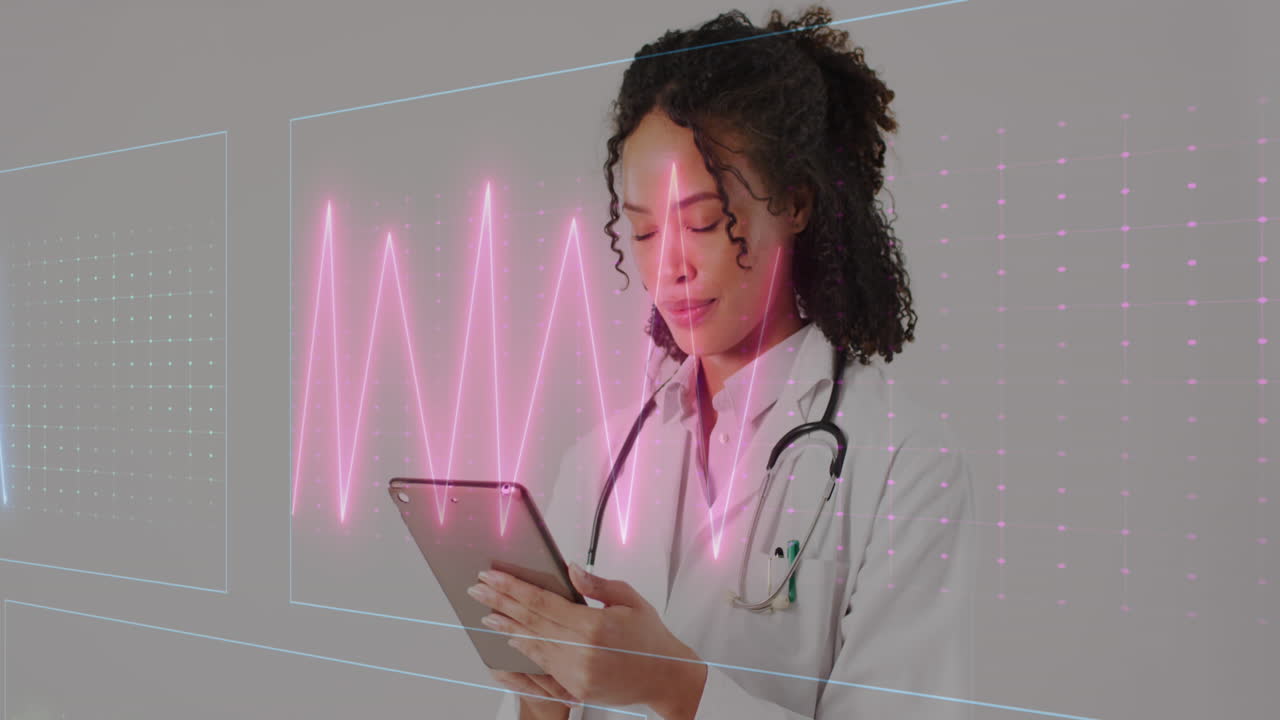 Animation of heart rate monitor over african american female doctor using digital tablet at hospital