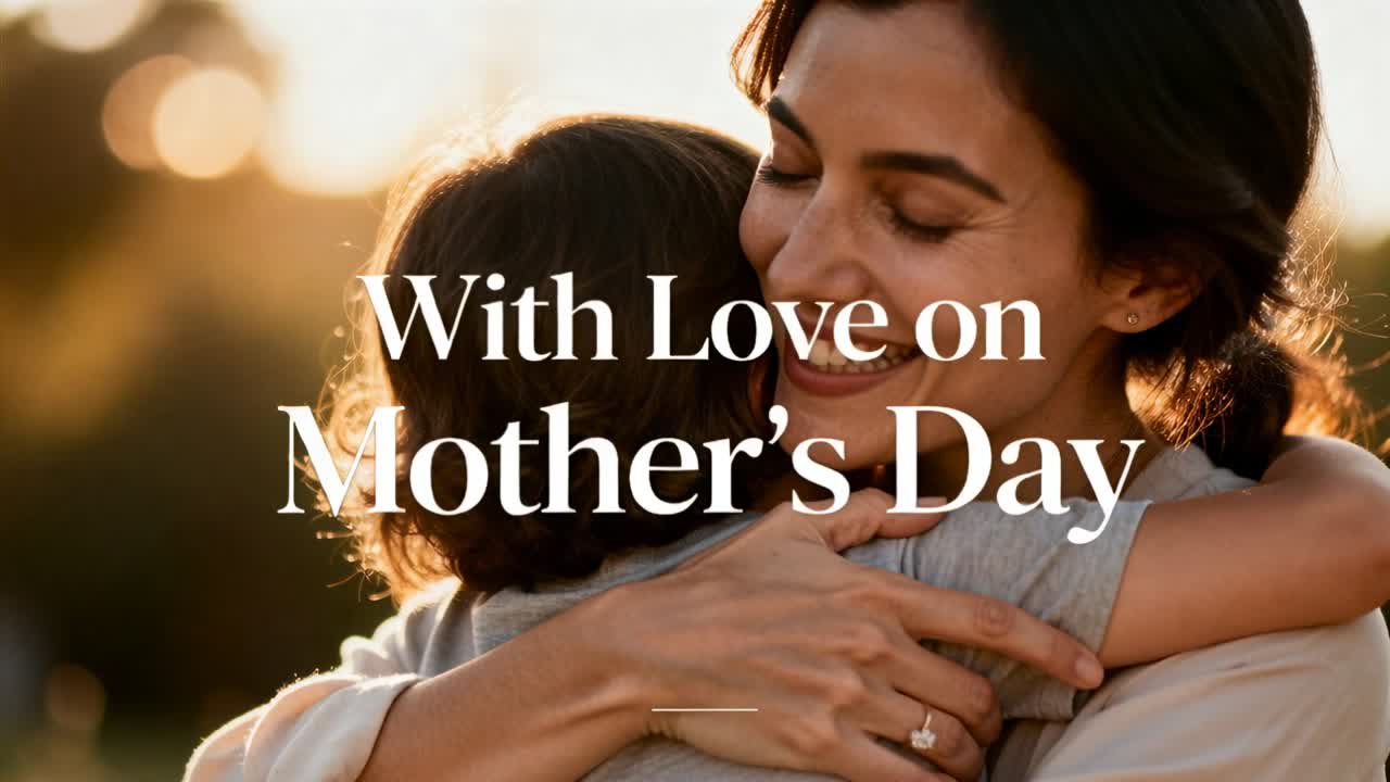 Embracing mother following child's head turning into shoulder at park, showing Mother's Day overlay