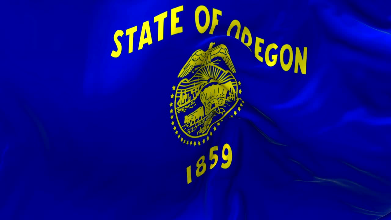 государственный флаг орегона, размахивающийся в ветре, медленная анимация. 4k реалистичная текстура ткани, флаг плавно дует в ветреный день, непрерывный бесперебойный цикл на заднем плане.