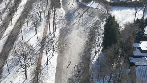 Aerial-of-people-skating-on-frozen-river-in-the-Netherlands