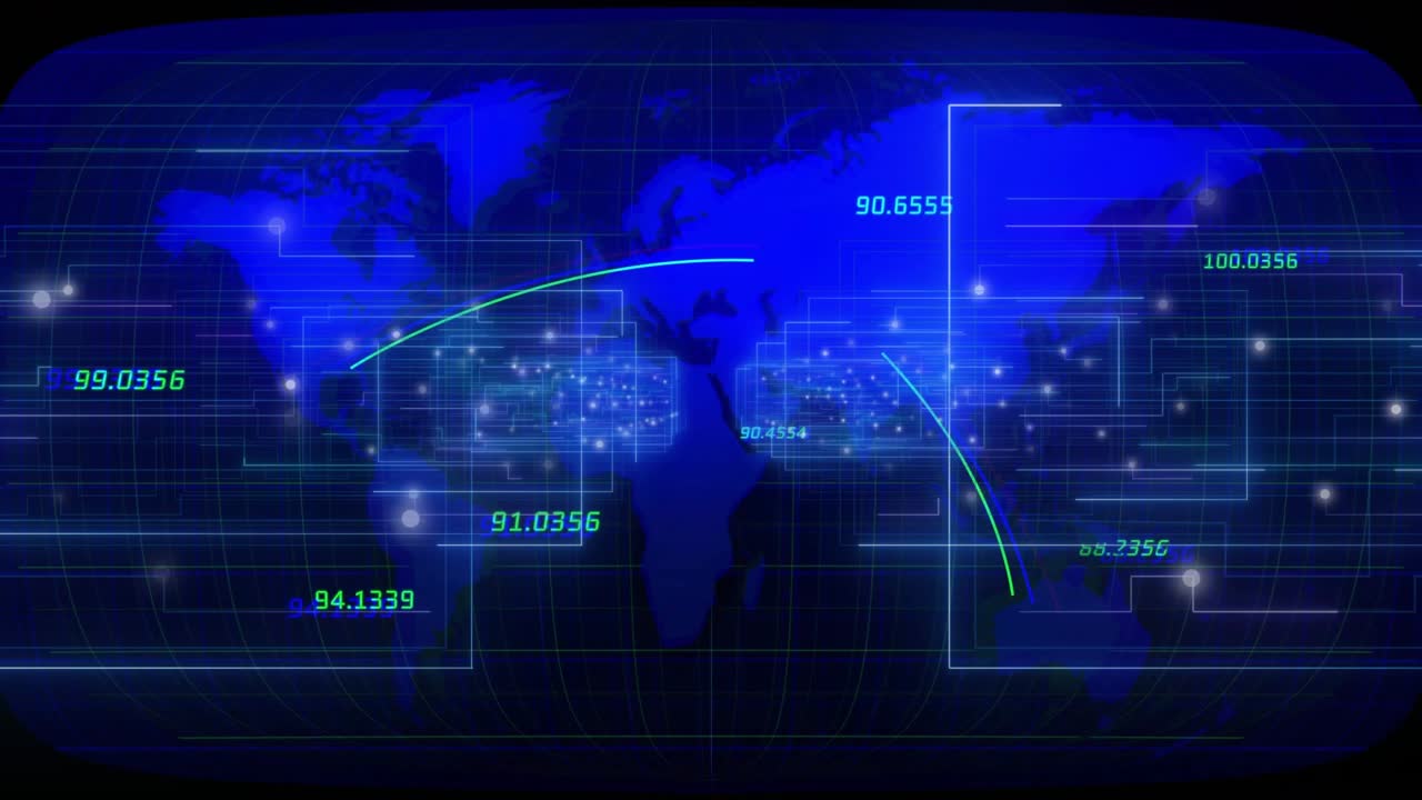 Mappa del mondo blu che si apre con cluster di dati che animano archi curvi, visualizzando la trasmissione globale