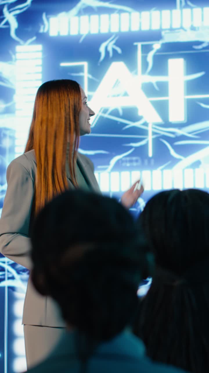 Vertical Video Multiethnic speakers team lead AI technology presentation